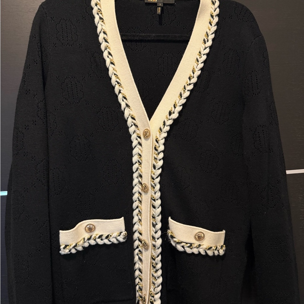Maje Black Knit Cardigan with Cream Accents